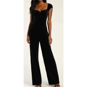LULU'S SZ M New Glam Black Velvet Bustier Off-the-Shoulder Jumpsuit NEW B149